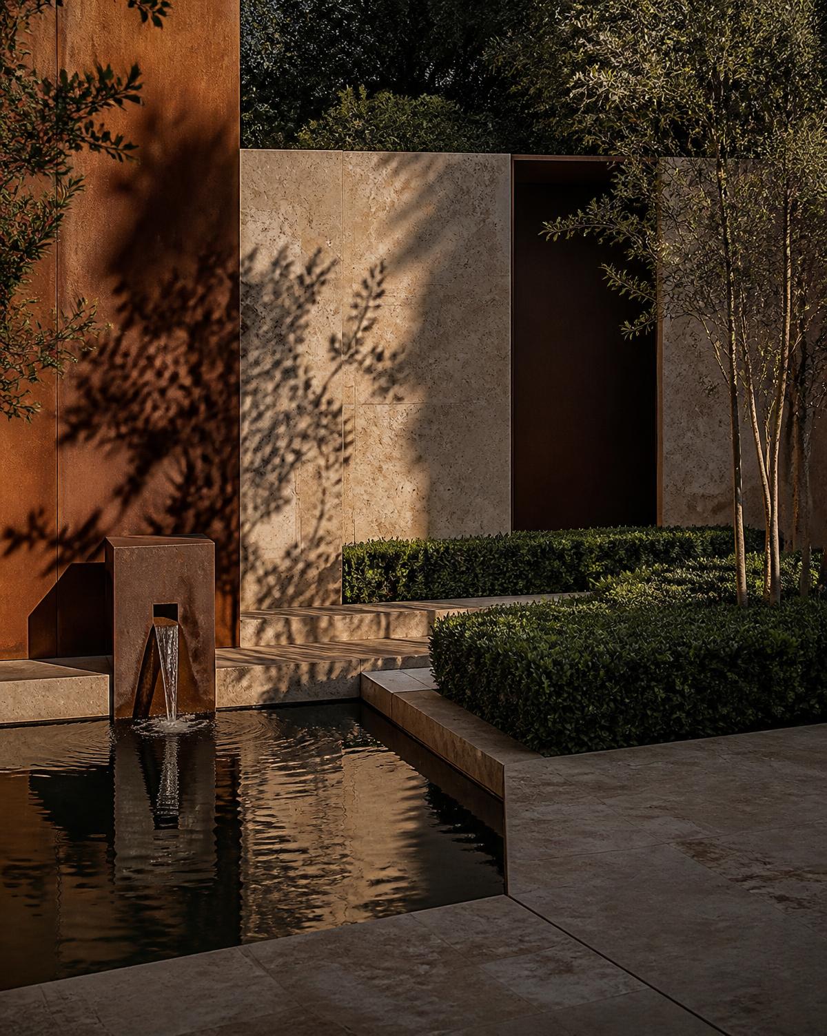 Architektura ogrodowa z corten i trawertynu